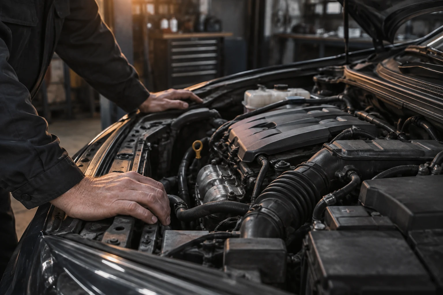 Illustrative hands near an engine bay